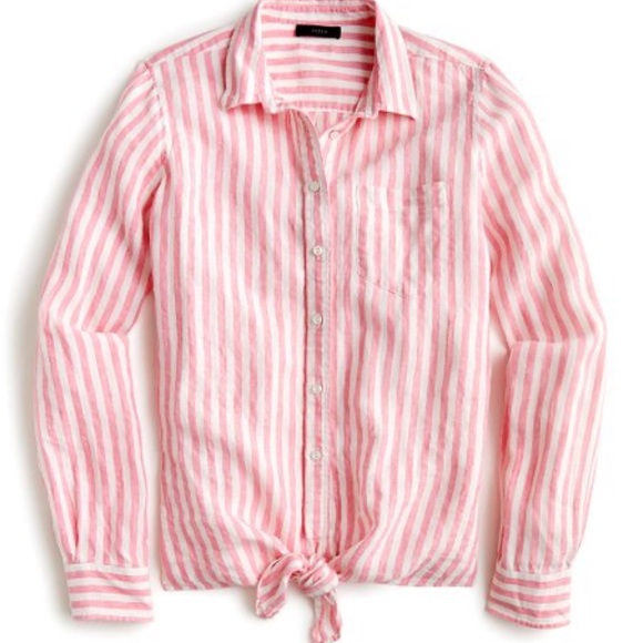 J.Crew Pink & White Stripe Toed Waist Linen Top - Picture 2 of 11